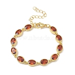 Oval Brass Pave Cubic Zirconia Link Chain Bracelets for Women, Rack Plating, Cadmium Free & Lead Free, Long-Lasting Plated, Golden, Orange Red, 5.71 inch(14.5cm)(BJEW-P385-02G-03)