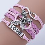 Imitation Leather Multi-strand Bracelets, Alloy Butterfly/Infinity/Word Love Charm Bracelets for Women, Antique Silver, Pearl Pink, 7-1/2 inch(19cm)(WG22DAF-03)
