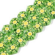 Handmade Millefiori Glass Beads Strands, Hexagon, Lime Green, 12~12.5x13~13.5x3.5~4mm, Hole: 0.8mm, about 32~33pcs/strand, 15.79~15.91 inch(40.1~40.4cm)(LAMP-N024-24A)