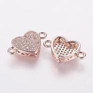 Brass Micro Pave Cubic Zirconia Links, Heart, Rose Gold, 18x11.5x4mm, Hole: 2mm(ZIRC-E114-01RG)