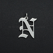 304 Stainless Steel Pendants, with Jump Ring, Old English, Letter, Laser Cut, Stainless Steel Color, Letter.N, 15.5x13x1mm, Hole: 3mm(A-STAS-R111-JA565-N)
