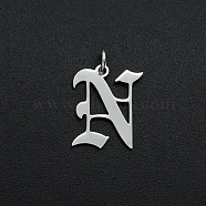 Non-Tarnish 304 Stainless Steel Pendants, with Jump Ring, Old English, Letter, Laser Cut, Stainless Steel Color, Letter.N, 15.5x13x1mm, Hole: 3mm(A-STAS-R111-JA565-N)