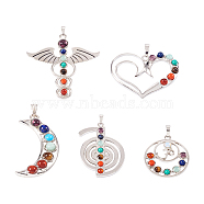 5Pcs 5 Style Chakra Gemstone Big Pendants, Synthetic Turquoise, Blue/Orange Glass, Natural Lapis Lazuli & Amethyst & Carnelian & Tiger Eye, with Brass & Alloy Findings, Mixed Shape, Antique Silver & Platinum, 34~60x32~58x4~8mm, Hole: 5~7x4~8mm, 1pc/style(G-YS0001-21)