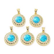 Rack Plating Brass Micro Pave Cubic Zirconia Pendants, Synthetic Opal Flat Round Charms with Snap on Bail, Cadmium Free & Lead Free, Long-Lasting Plated, Real 18K Gold Plated, Cyan, 19x16x4mm, Hole: 5x3.5mm(KK-C041-25G)