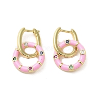 Real 18K Gold Plated Brass Ring Dangle Hoop Earrings, with Enamel and Cubic Zirconia, Pink, 21x12.5mm(EJEW-L268-019G-02)