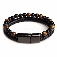 Natural Tiger Eye Beaded Bracelets, Imitation Leather Cord Bracelets for Women Men, with Alloy Clasps, Round, 9-1/8 inch(23cm)(PW24070699368)