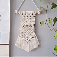 Cotton Cord Macrame Woven Tassel Wall Hanging, Boho Style Hanging Ornament with Wood Sticks, for Home Decoration, Floral White, 300x200mm(MAKN-PW0001-015I)