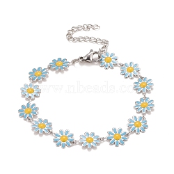Enamel Daisy Link Chains Bracelet, 304 Stainless Steel Jewelry for Women, Stainless Steel Color, Deep Sky Blue, 7-1/4 inch(18.4cm)(BJEW-P271-01P-03)