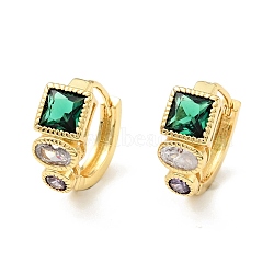 Green Cubic Zirconia Square Hoop Earrings, Rack Plating Brass Jewelry for Women, Cadmium Free & Nickel Free & Lead Free, Real 18K Gold Plated, 14x16.5x2.5mm, Pin: 0.8mm(EJEW-C028-14G)