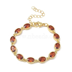 Oval Brass Pave Cubic Zirconia Link Chain Bracelets for Women, Rack Plating, Cadmium Free & Lead Free, Long-Lasting Plated, Golden, Orange Red, 5.71 inch(14.5cm)(BJEW-P385-02G-03)