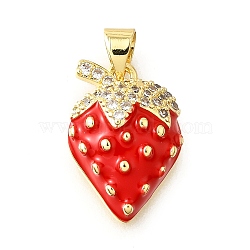 Brass Micro Pave Clear Cubic Zirconia with Enamel Pendants, Cadmium Free & Lead Free, Strawberry Charms, Real 18K Gold Plated, 18x12.5x6mm, Hole: 4.5x3.5mm(KK-G529-04G)