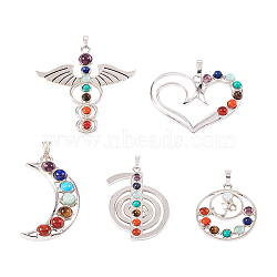 5Pcs 5 Style Chakra Gemstone Big Pendants, Synthetic Turquoise, Blue/Orange Glass, Natural Lapis Lazuli & Amethyst & Carnelian & Tiger Eye, with Brass & Alloy Findings, Mixed Shape, Antique Silver & Platinum, 34~60x32~58x4~8mm, Hole: 5~7x4~8mm, 1pc/style(G-YS0001-21)