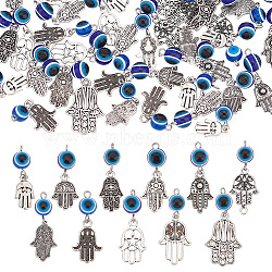 Nbeads 6 Sets 11 Styles Blue Evil Eye Resin Alloy Pendants, Religion, Hamsa Hand Charms, Antique Silver, 30~38mm, Pendant: 17~26x12~18x1~2.5mm, Hole: 2mm, 1pc/style, 11pcs/set(PALLOY-NB0003-83)
