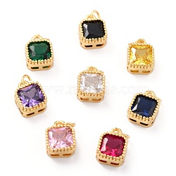 Real 18K Gold Plated Brass Inlaid Cubic Zirconia Charms, with Jump Ring, Long-Lasting Plated, Square, Mixed Color, 9.5x7x4mm, Jump Ring: 4x0.5mm, 2.5mm Inner Diameter(ZIRC-L100-073G)
