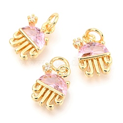 Brass Micro Pave Cubic Zirconia Charms, with Jump Rings, Long-Lasting Plated, Real 18K Gold Plated, Jellyfish Shape, Pearl Pink, 12.5x8.5x4.5mm, Hole: 3.3mm(KK-I683-06A)