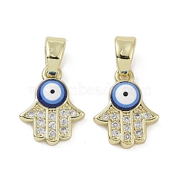 Real 18K Gold Plated Brass Micro Pave Cubic Zirconia Pendants, with Enamel, Hamsa Hand with Evil Eye Charms, Colorful, 12x9.5x3mm, Hole: 5x3mm(KK-L209-078G-03)