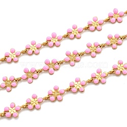 Golden Brass Enamel Link Chain, Long-Lasting Plated, with Spool, Unwelded, Flower, Pink, 9x6x1mm, 32.8 Feet(10m)/roll(CHC-H103-08F-G)