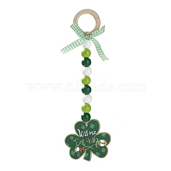 Saint Patrick's Day Wood Pendant Decoration, with Wood Beaded and Ring Hanging Decoration, Clover, 243mm(HJEW-G023-02A)