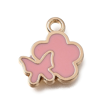 Alloy with Enamel Charms, Flower with Butterfly Charms, Rack Plating, Golden, Pink, 13x12x1.5mm, Hole: 1.6mm