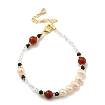 Round Natural Carnelian & Quartz Crystal Chip Beaded Bracelets, Natural Pearl Bracelets for women, Real 14K Gold Plated, 6-1/4 inch(16cm)