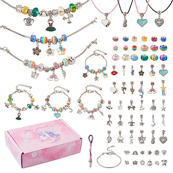 DIY Europen Bracelet Necklace Making Kit, Including Angel & Heart Resin & Glass European & Clay Rhinestone Beads, Alloy Beads & Dangle Charms, Brass Bracelet & Waxed Cord Necklace Making, Antique Silver & Platinum, 73Pcs/box