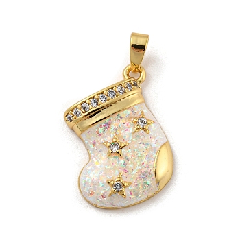 Christmas Brass Micro Pave Cubic Zirconia Pendant, with Synthetic Opal, Christmas Stocking, Snow, 19x16.5x4mm, Hole: 5x3mm