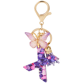 Resin Butterfly Pendant Keychains, with Suede Tassel Charms and Alloy Findings, for Car Key Bag Accessories, Golden, Blue Violet, Letter X, 105mm