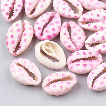 Printed Natural Cowrie Shell Beads, No Hole/Undrilled, Hot Pink, 20~26x13~18x5~7mm