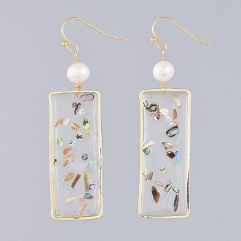 Dangle Earrings, with Epoxy Resin, Shell, Natural Pearl, Alloy Findings and Brass Earring Hooks, Rectangle, Real 18K Gold Plated, 66mm, Pin: 0.6mm