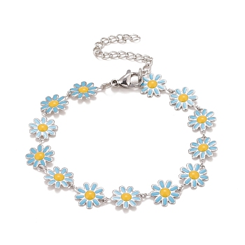 Enamel Daisy Link Chains Bracelet, 304 Stainless Steel Jewelry for Women, Stainless Steel Color, Deep Sky Blue, 7-1/4 inch(18.4cm)
