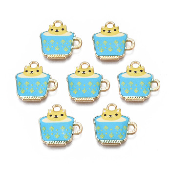 Rack Plating Alloy Enamel Charms, Free & Nickel Free & Lead Free, Cup with Cat, Dark Turquoise, 15x15x1.9mm, Hole: 1.8mm