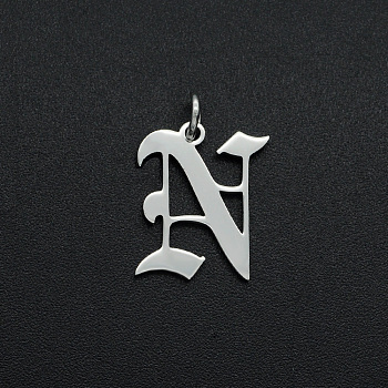 Non-Tarnish 304 Stainless Steel Pendants, with Jump Ring, Old English, Letter, Laser Cut, Stainless Steel Color, Letter.N, 15.5x13x1mm, Hole: 3mm