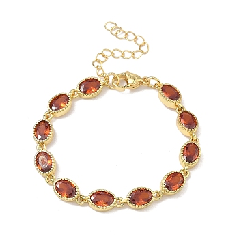 Oval Brass Pave Cubic Zirconia Link Chain Bracelets for Women, Rack Plating, Cadmium Free & Lead Free, Long-Lasting Plated, Golden, Orange Red, 5.71 inch(14.5cm)