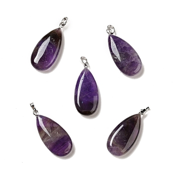 Natural Amethyst Pendants, with Platinum Tone Brass Findings, Teardrop, 33x15x7~7.5mm, Hole: 5x3.5mm