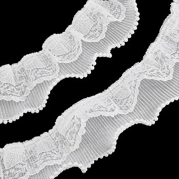 7 Yards Polyester & Chinlon Flower Ribbon, Ruffled Lace Trim for Costume Decoration, with Imiation Pearls, White, 2-3/8~2-1/2 inch(60~62mm)