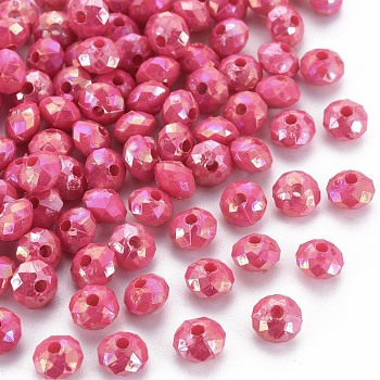 Opaque Acrylic Beads, AB Color Plated, Faceted Rondelle, Cerise, 6mm, Hole: 1.5mm, about 6200pcs/500g.