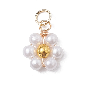 Acrylic Pendants, Twisted Wire Pearl, Flower, Light Gold, 14.5x11.5x4mm, 5pcs/set