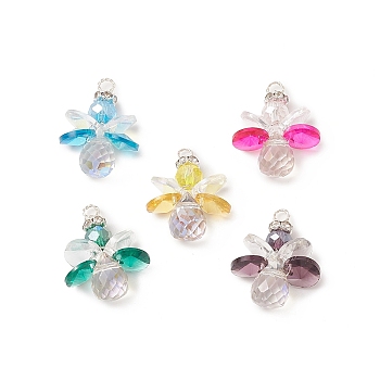 5Pcs 5 Color Glass Pendants, with Silver Copper Wire Wrapped, Angel Charms, Mixed Color, 23x18x8mm, Hole: 2.4mm, 1Pc/color