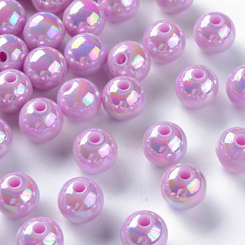 Opaque Acrylic Beads, AB Color Plated, Round, Violet, 10x9mm, Hole: 2mm, about 940pcs/500g