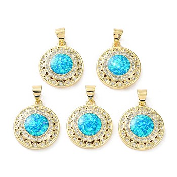 Rack Plating Brass Micro Pave Cubic Zirconia Pendants, Synthetic Opal Flat Round Charms with Snap on Bail, Cadmium Free & Lead Free, Long-Lasting Plated, Real 18K Gold Plated, Cyan, 19x16x4mm, Hole: 5x3.5mm