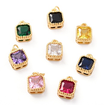 Real 18K Gold Plated Brass Inlaid Cubic Zirconia Charms, with Jump Ring, Long-Lasting Plated, Square, Mixed Color, 9.5x7x4mm, Jump Ring: 4x0.5mm, 2.5mm Inner Diameter