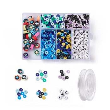 DIY Space Theme Bracelet Making Kit, Including Flat Round & Disc Polymer Clay Beads, Acrylic Letter Beads, Elastic Thread, Colorful, 1100Pcs/set