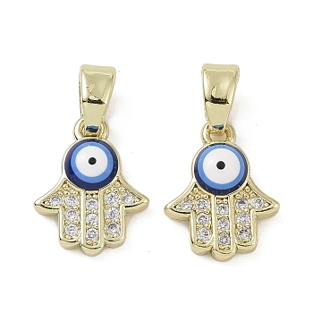 Real 18K Gold Plated Brass Micro Pave Cubic Zirconia Pendants, with Enamel, Hamsa Hand with Evil Eye Charms, Colorful, 12x9.5x3mm, Hole: 5x3mm