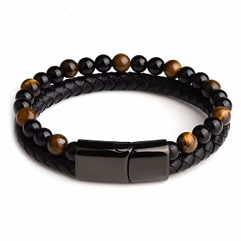 Natural Tiger Eye Beaded Bracelets, Imitation Leather Cord Bracelets for Women Men, with Alloy Clasps, Round, 9-1/8 inch(23cm)