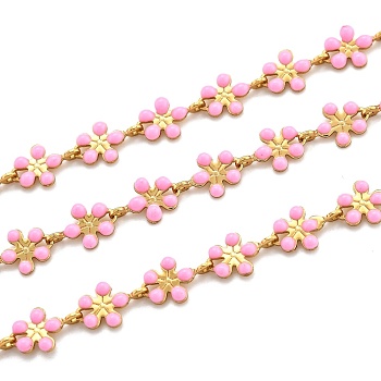 Golden Brass Enamel Link Chain, Long-Lasting Plated, with Spool, Unwelded, Flower, Pink, 9x6x1mm, 32.8 Feet(10m)/roll