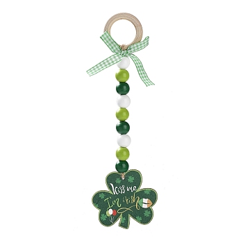 Saint Patrick's Day Wood Pendant Decoration, with Wood Beaded and Ring Hanging Decoration, Clover, 243mm