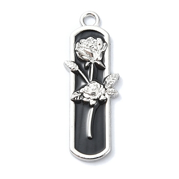 Rack Plating Alloy Enamel Pendants, Platinum, Rose Charm, Rectangle, 35x12.5x3mm, Hole: 2mm