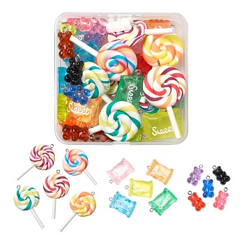 32Pcs Pendant Kit for DIY Jewelry Making, Including Handmade Polymer Clay Lollipop & Resin Bear & Resin Candy Pendant, with Platinum Tone Iron Loop, Mixed Color, 32pcs/box