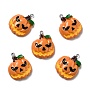 Halloween Opaque Resin Pendants, with Platinum Tone Iron Loops, Pumpkin, Orange, 29x23.5x8mm, Hole: 2mm