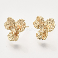 Brass Stud Earring Findings, Nickel Free, with Loop, Real 18K Gold Plated, Flower, Flower: 14x15mm, Hole: 1.2mm, Pin: 0.8mm(KK-T048-013G-NF)